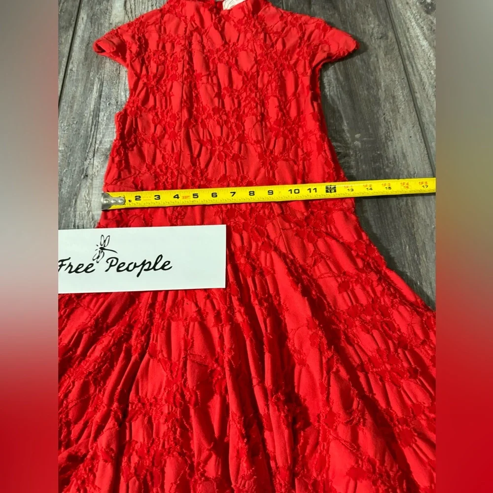 Free People Vintage Flared Burnt Red Mini Dress Floral Design - S - Picture 6 of 13